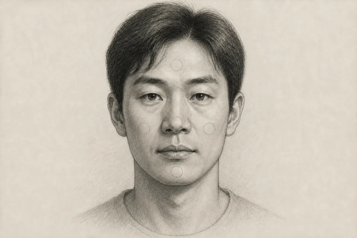 오관은 눈썹, 눈, 코, 입과 귀를 떼어 점수 매기지 않고 서로의 관계에서 살핍니다.